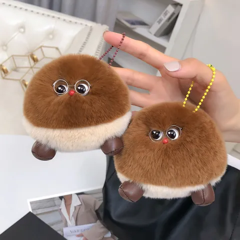 Adorable Rex Rabbit Fur Chestnut Plush Toy Keychain Handmade Furry Ball Bag Pendant With Glasses Decor Gift For Women