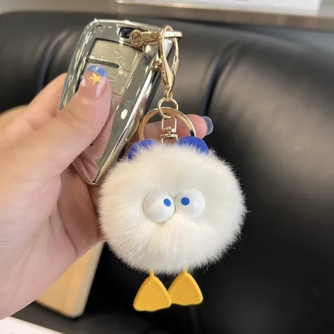 Cute Faux Fur Duck Plush Keychain Big Eyes Monster Bag Pendant Hanging Ornament Alloy Gold Hook Gift Women Kids