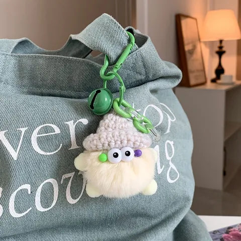 Cute Monster Plush Keychain Faux Fur Bag Pendant With Knit Hat And Bell Decorative Keyring For Women Girls Gift
