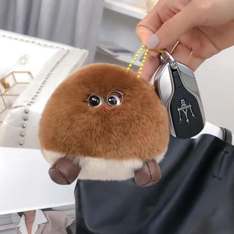 Adorable Rex Rabbit Fur Chestnut Plush Toy Keychain Handmade Furry Ball Bag Pendant With Glasses Decor Gift For Women