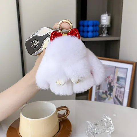 Cute Real Rex Rabbit Fur Bowknot Bunny Keychain Plush Lop-Eared Rabbit Bag Pendant Ornament With Sequin Artificial Pearl For Women Girls