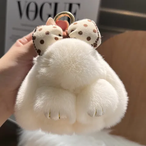 Cute Plush Rabbit Keychain With Bow Decoration Soft Stuffed Animal Bag Pendant Car Key Ring For Women Girls Gift