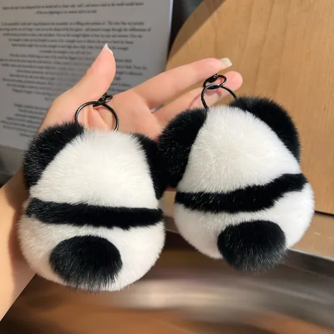 Cute Panda Real Rex Rabbit Fur Plush Keychain Bag Charm For Women Car Key Ring Ornament Animal Pendant Backpack Accessories Gift