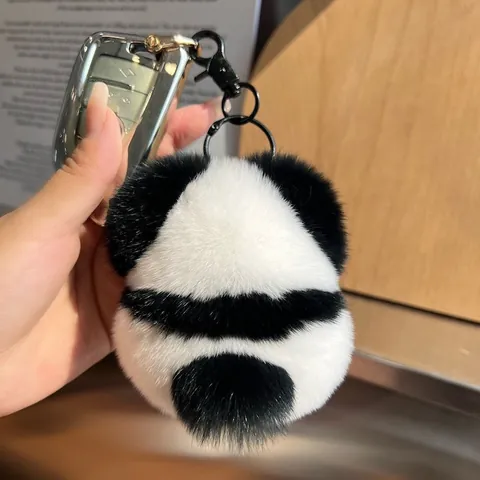 Cute Panda Real Rex Rabbit Fur Plush Keychain Bag Charm For Women Car Key Ring Ornament Animal Pendant Backpack Accessories Gift