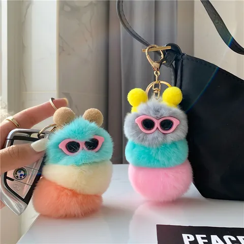 Cute Plush Caterpillar Keychain Rex Rabbit Fur Bag Pendant With Sunglasses Decorative Mini Animal Doll Keyring For Women Girls Gift