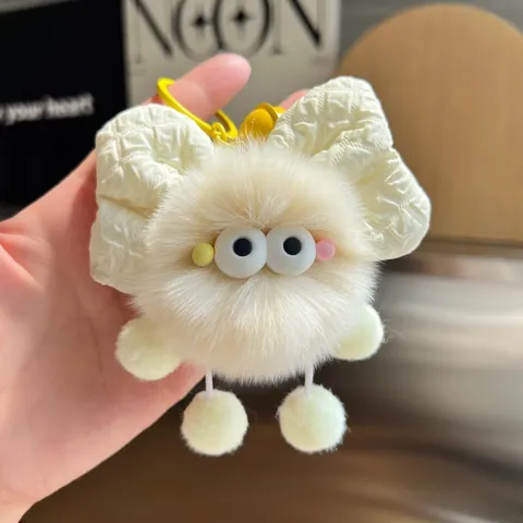 Cute Plush Big Eyes Monster Keychain With Bow Knot For Girls Women School Bag Charm Ornaments Metal Bell Faux Fur Pendant