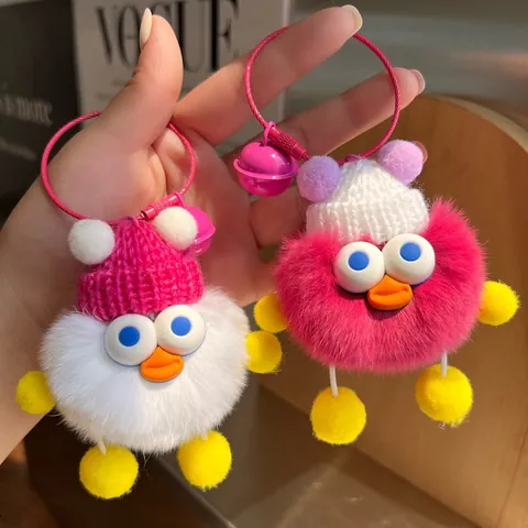 Cute Plush Little Duck Monster Keychain Pendant With Knitted Hat And Bell Real Rex Rabbit Fur Bag Charm For Women Kids