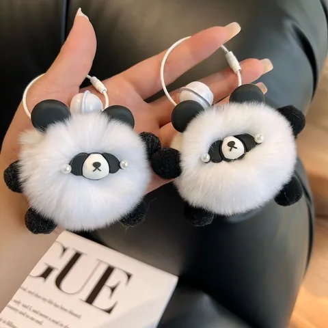 Cute Panda Plush Keychain Real Rex Rabbit Fur Bag Pendant Soft Animal Fur Ball Decoration With Bell For Women Girls