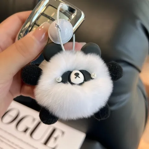 Cute Panda Plush Keychain Real Rex Rabbit Fur Bag Pendant Soft Animal Fur Ball Decoration With Bell For Women Girls