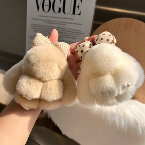 Cute Plush Rabbit Keychain With Bow Decoration Soft Stuffed Animal Bag Pendant Car Key Ring For Women Girls Gift