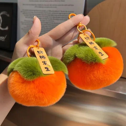 Simpatico Portachiavi in Pelliccia di Coniglio Rex a Forma di Cachi per Donna Ciondolo per Borsa Morbido Portachiavi in Peluche con Targhetta Fortunata Regalo di Compleanno Gioielli