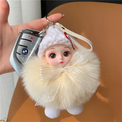 Schattige Grote Ogen Pop Pluche Vossenvacht Sleutelhanger Vrouwen Tas Hanger Pluizige Pom Pom Autosleutelring Met Gebreide Muts Strik