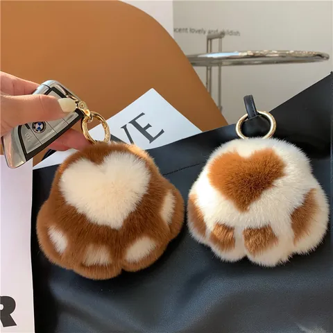 Cute Rex Rabbit Fur Cat Paw Keychain Plush Bag Charm Heart Pattern Soft Furry Puffy Pom Pom Keyring For Car Handbag Women Gift