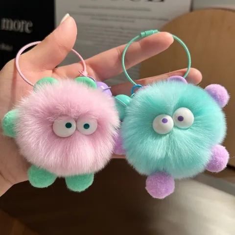 Cute Plush Monster Ball Keychain Faux Fur Bag Pendant With Small Bell Steel Wire Ring For Backpack Women Girl Gift Ornament