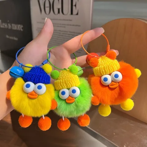 Cute Plush Little Duck Monster Keychain Pendant With Knitted Hat And Bell Real Rex Rabbit Fur Bag Charm For Women Kids
