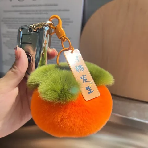 Simpatico Portachiavi in Pelliccia di Coniglio Rex a Forma di Cachi per Donna Ciondolo per Borsa Morbido Portachiavi in Peluche con Targhetta Fortunata Regalo di Compleanno Gioielli