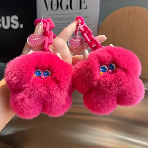Cute Plush Rex Rabbit Fur Cow Monster Keychain Fuchsia Bag Charm Heart Tag Plastic Chain Car Key Ring For Women Gift