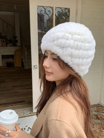 Women Winter Real Rex Rabbit Fur Hat Thickened Warm Ear Protection Furry Knitted Beanie Soft Plush Fashion Outdoor Cap