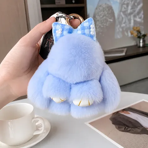 Soft Rex Rabbit Fur Bunny Keychain Cute Plush Rabbit Bag Pendant With Bow Artificial Pearl Sequin Charm Sweet Animal Doll Keychain For Women Girl Gift