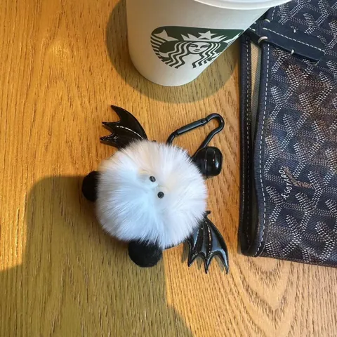 Cute Rex Rabbit Fur Monster Keychain Plush Devil Bat Wing Bag Charm For Women Kids Halloween Gift Backpack Accessory