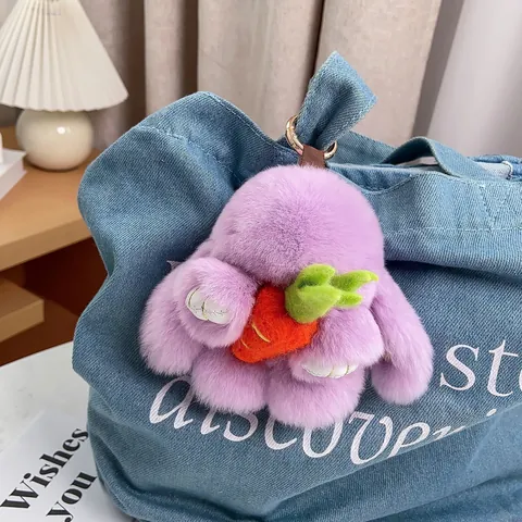 Süßer Rex-Kaninchenfell Hase Schlüsselanhänger Plüschtier Mit Karotte Taschenanhänger Für Damen Kinder Geburtstagsgeschenk Auto Schlüsselzubehör