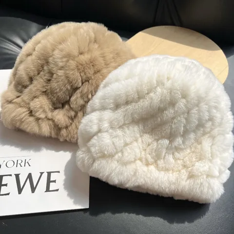 Women Winter Real Rex Rabbit Fur Hat Thickened Warm Ear Protection Furry Knitted Beanie Soft Plush Fashion Outdoor Cap