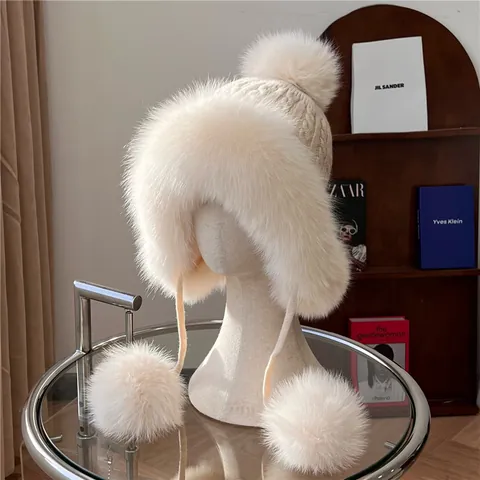 Colbacco In Pelliccia Di Volpe Da Donna Cappello In Maglia Con Protezione Per Le Orecchie E Pompon Caldo Foderato In Pile