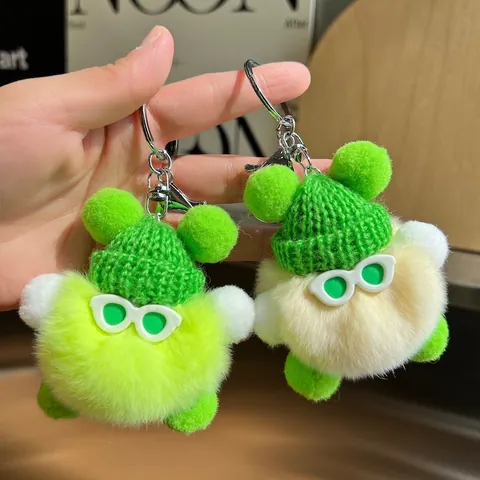 Cute Faux Rabbit Fur Soot Sprite Monster Keychain With Knit Hat Glasses Plush Bag Pendant Car Keyring For Women Girls Gift