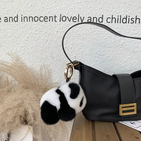 Rex-Kaninchenfell Panda Schlüsselanhänger Plüsch Tasche Charm Weiche Tierpuppe Hängeornament Für Damen Mädchen Deko