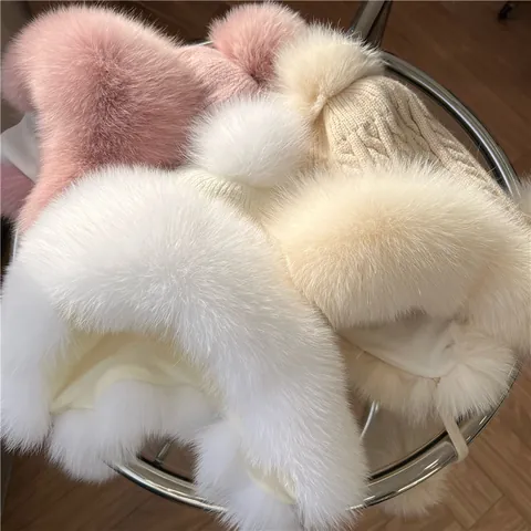 Colbacco In Pelliccia Di Volpe Da Donna Cappello In Maglia Con Protezione Per Le Orecchie E Pompon Caldo Foderato In Pile