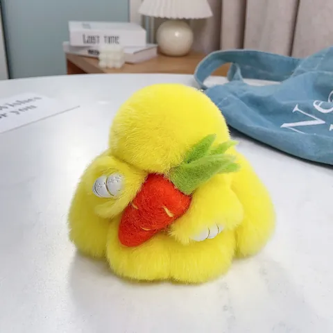 Lindo Llavero de Conejo de Piel de Conejo Rex para Mujeres Niñas Peluche Suave de Conejo con Zanahoria Colgante de Bolso Accesorio de Moda