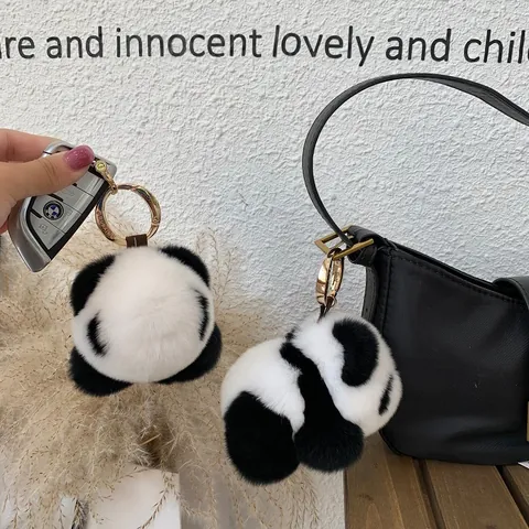 Rex-Kaninchenfell Panda Schlüsselanhänger Plüsch Tasche Charm Weiche Tierpuppe Hängeornament Für Damen Mädchen Deko