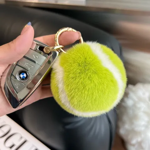 Cute Plush Tennis Ball Keychain Fluorescent Green Rex Rabbit Fur Bag Pendant Sporty Car Key Accessory Soft Furry Charm