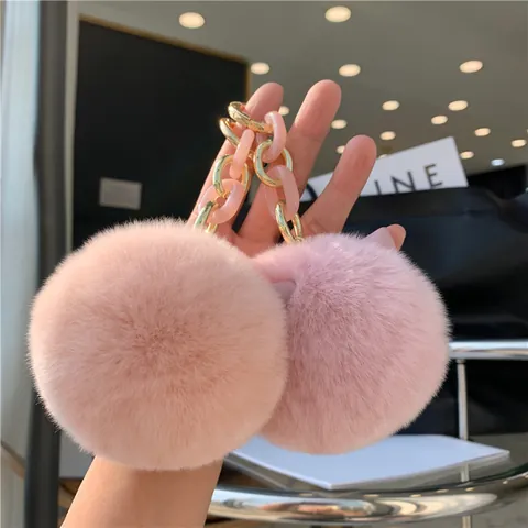Cute Real Rex Rabbit Fur Cat Ears Keychain Pendant Plush Fur Ball Bag Charm For Women Girls Gift With Resin Chain Metal Hook