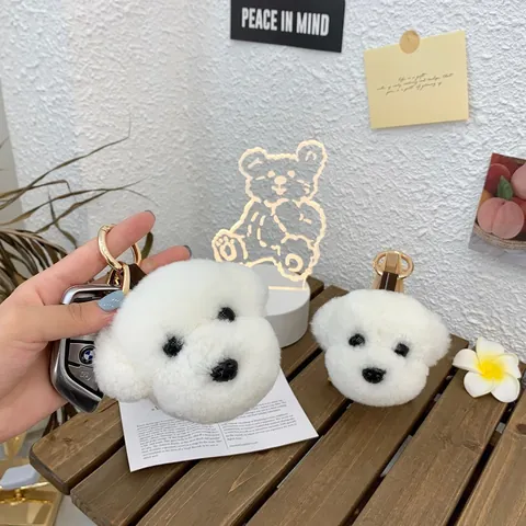 Cute Plush Dog Head Keychain Handmade Lamb Wool Teddy Bichon Puppy Bag Charm Minimalist Animal Car Key Ring For Women Gift