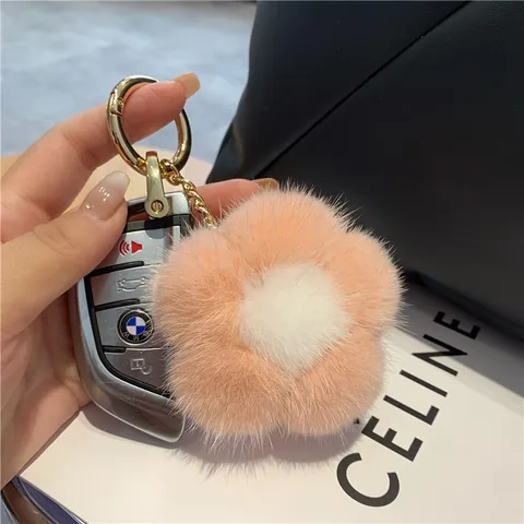 Cute Plush Mink Fur Flower Keychain For Women Girls Fashion Bag Charm Car Key Ring Floral Pendant Handmade Birthday Gift Accessory