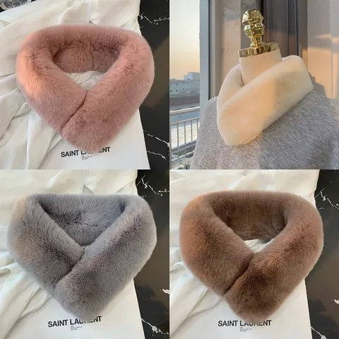 Women Faux Fur Neck Warmer Cute Korean Style Winter Solid Color Plush Cross Scarf For Autumn Winter Warmth Daily Accessories