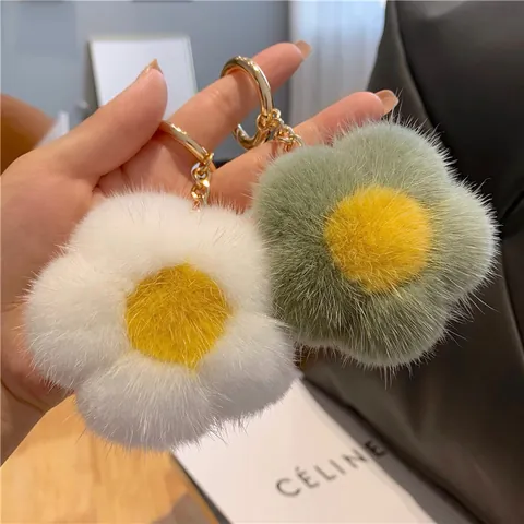 Cute Plush Mink Fur Flower Keychain For Women Girls Fashion Bag Charm Car Key Ring Floral Pendant Handmade Birthday Gift Accessory
