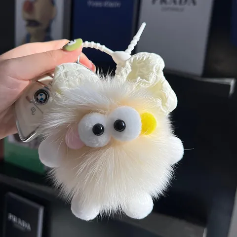Cute Fox Fur Monster Plush Keychain With Bowknot Big Eyes Fluffy Ball Bag Charm For Backpack Car Key Accessories Women