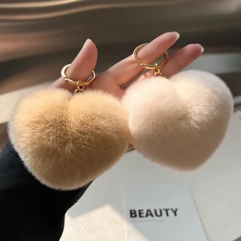 Cute Heart Shape Plush Keychain Real Rabbit Fur Soft Pom Pom Ball Bag Pendant Charm Car Key Ring Accessory For Women Girls