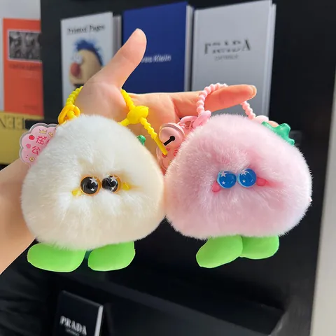 Cute Rex Rabbit Fur Peach Monster Keychain For Women Backpack Hanging Ornament Plush Doll Bag Pendant Car Keyring Gift