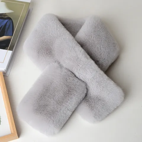 Women Winter Faux Fur Scarf Thickened Warm Rabbit Fur Texture Cross Wrap Plush Solid Color Fashion Neck Warmer Autumn Winter Accessory