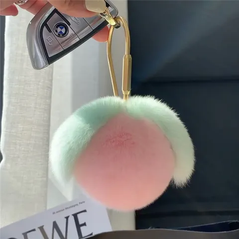 Cute Little Peach Plush Keychain Faux Rex Rabbit Fur Fruit Bag Pendant With Heart Shaped Buckle And Pearl Decor For Women