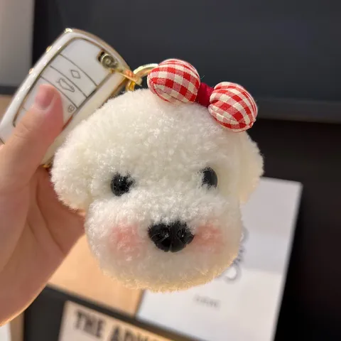 Süßer Plüsch Hund Schlüsselanhänger Echtes Woll Bichon Frise Taschenanhänger Gold Metall Schlüsselring Kawaii Geschenk Damen