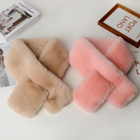 Bufanda Cruzada de Piel Sintética de Conejo Rex para Mujer Invierno Engrosada Cálida Suave Peluche Calentador de Cuello Color Sólido Accesorio Moda