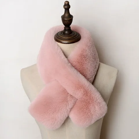 Bufanda Cruzada de Piel Sintética de Conejo Rex para Mujer Invierno Engrosada Cálida Suave Peluche Calentador de Cuello Color Sólido Accesorio Moda