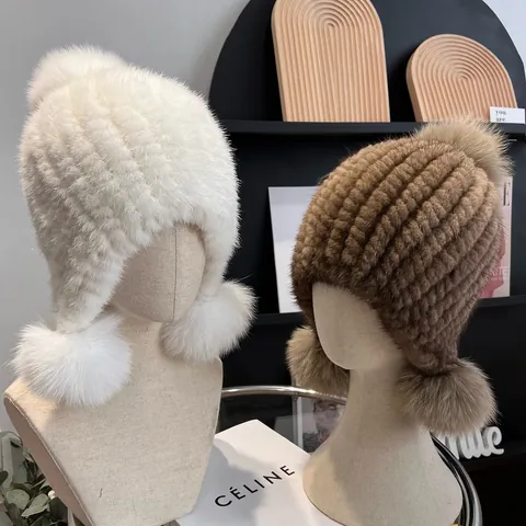 Women Real Mink Fur Braided Beanie With 3 Fox Fur Pom Poms Winter Warm Ear Protection Earflap Hat Luxurious Cold Weather Headwear