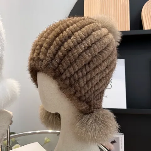 Women Real Mink Fur Braided Beanie With 3 Fox Fur Pom Poms Winter Warm Ear Protection Earflap Hat Luxurious Cold Weather Headwear