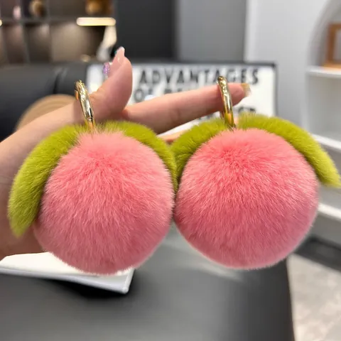 Cute Rex Rabbit Fur Peach Keychain Soft Plush Ball Fruit Bag Charm With Gold Metal Buckle Pendant Decorative Accessories Women Gift