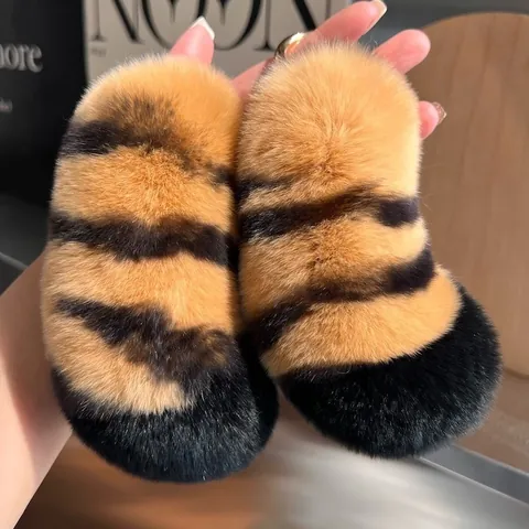 Cute Tiger Tail Plush Keychain Real Rex Rabbit Fur Bag Charm Car Key Ring Furry Animal Tail Pendant For Women Girls Jewelry